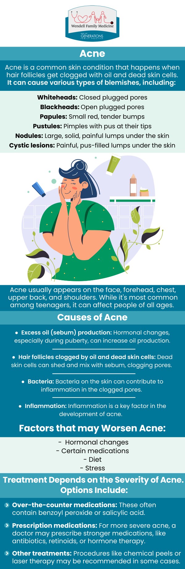 Struggling with persistent acne can affect both your skin and your confidence—but expert help is available. At Wendell Family Medicine, our acne specialists, Dr. Anna Marie Duncan, DO, and Dr. Lisa A. Bledsoe, MD, provide personalized treatment plans tailored to your skin’s unique needs. From hormonal breakouts to chronic adult acne, we use evidence-based solutions to target the root causes and promote clear, healthy skin. For more information, contact us or book an appointment online. We are located at 2839 Wendell Blvd Suite 100, Wendell, NC 27591. Struggling with persistent acne can affect both your skin and your confidence—but expert help is available. At Wendell Family Medicine, our acne specialists, Dr. Anna Marie Duncan, DO, and Dr. Lisa A. Bledsoe, MD, provide personalized treatment plans tailored to your skin’s unique needs. From hormonal breakouts to chronic adult acne, we use evidence-based solutions to target the root causes and promote clear, healthy skin. For more information, contact us or book an appointment online. We are located at 2839 Wendell Blvd Suite 100, Wendell, NC 27591.